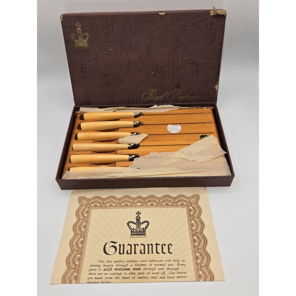 Vintage‎ Royal Buckingham Cutlers Steak Knife Set 6 Stainless Bakelite Boxed